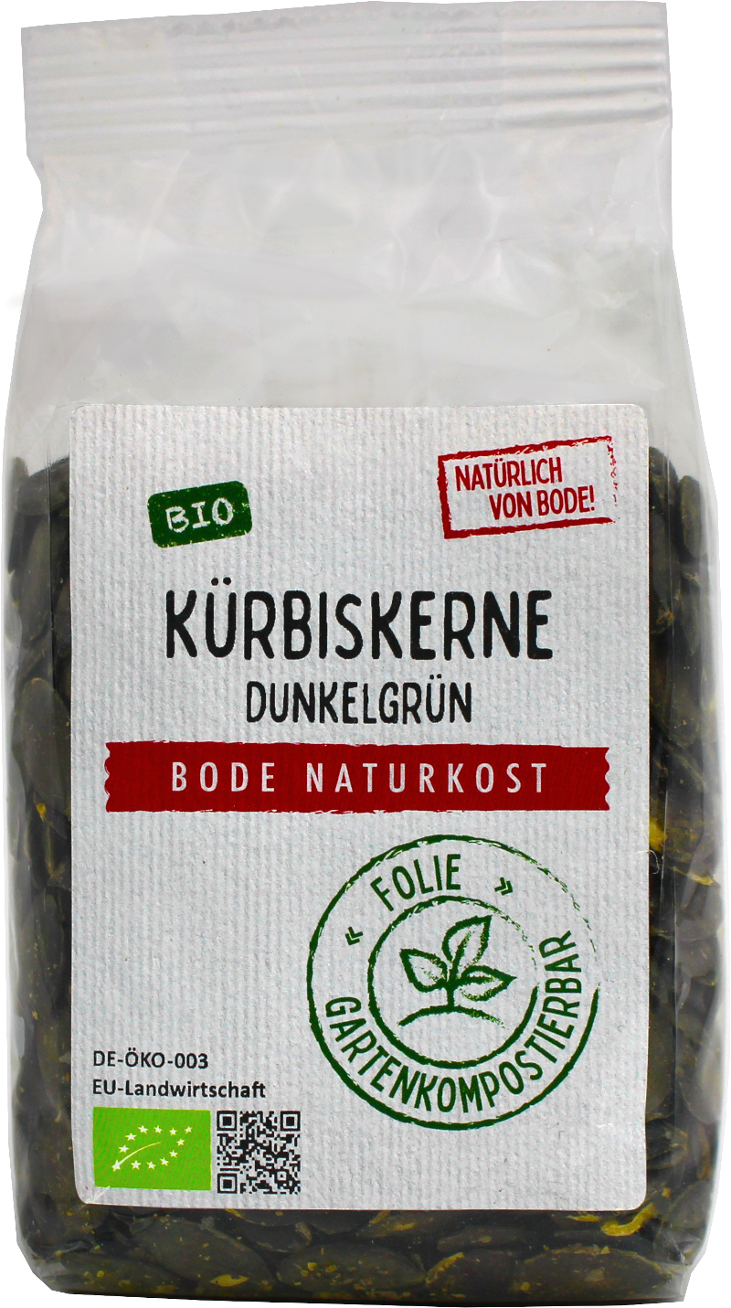 Kürbiskerne dunkelgrün bio Europa, gartenkompostierbarer Beutel 6x200g