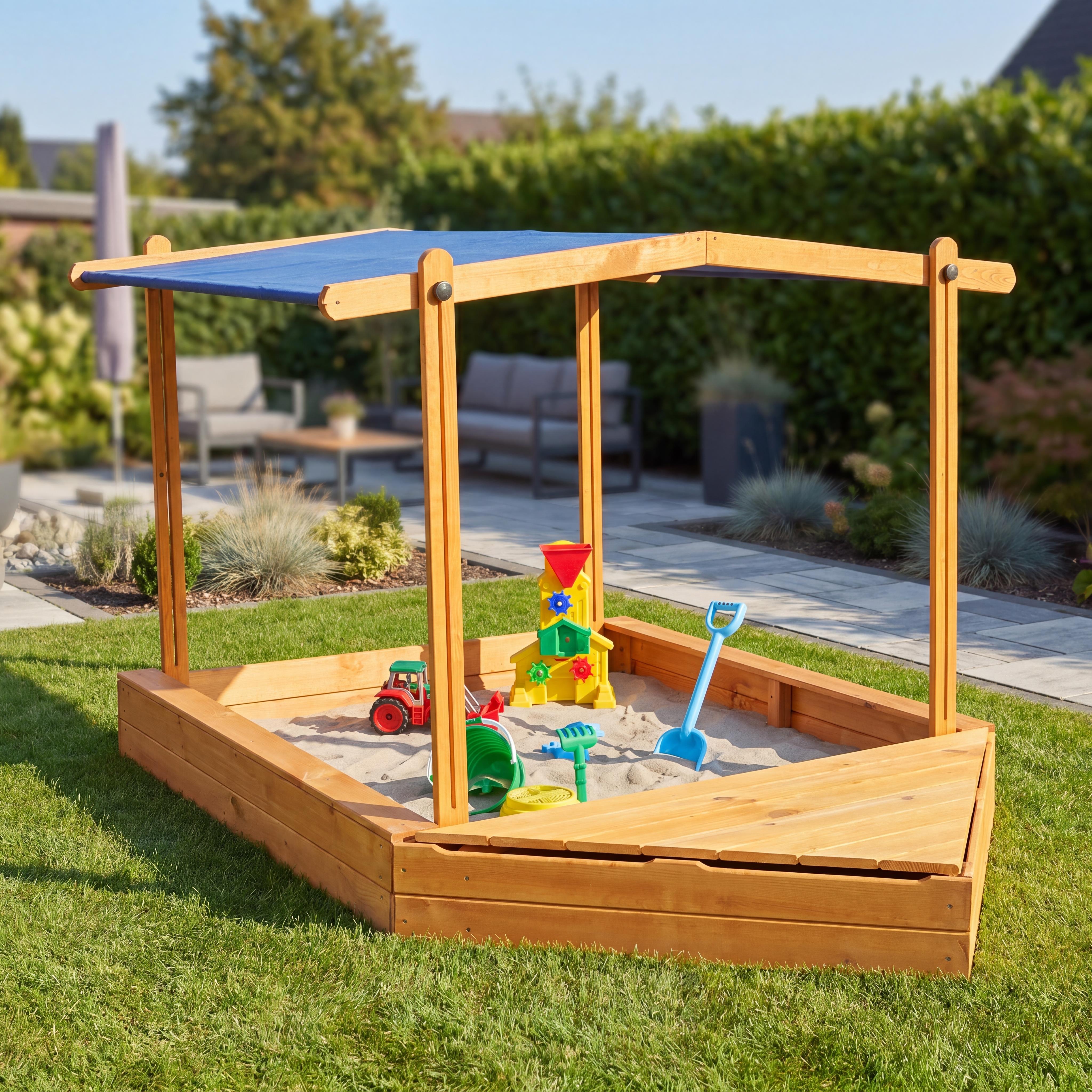 Sandkasten Multi 140x140x21 cm - inkl. Bugbox + Dach Kiefer honigbraun
