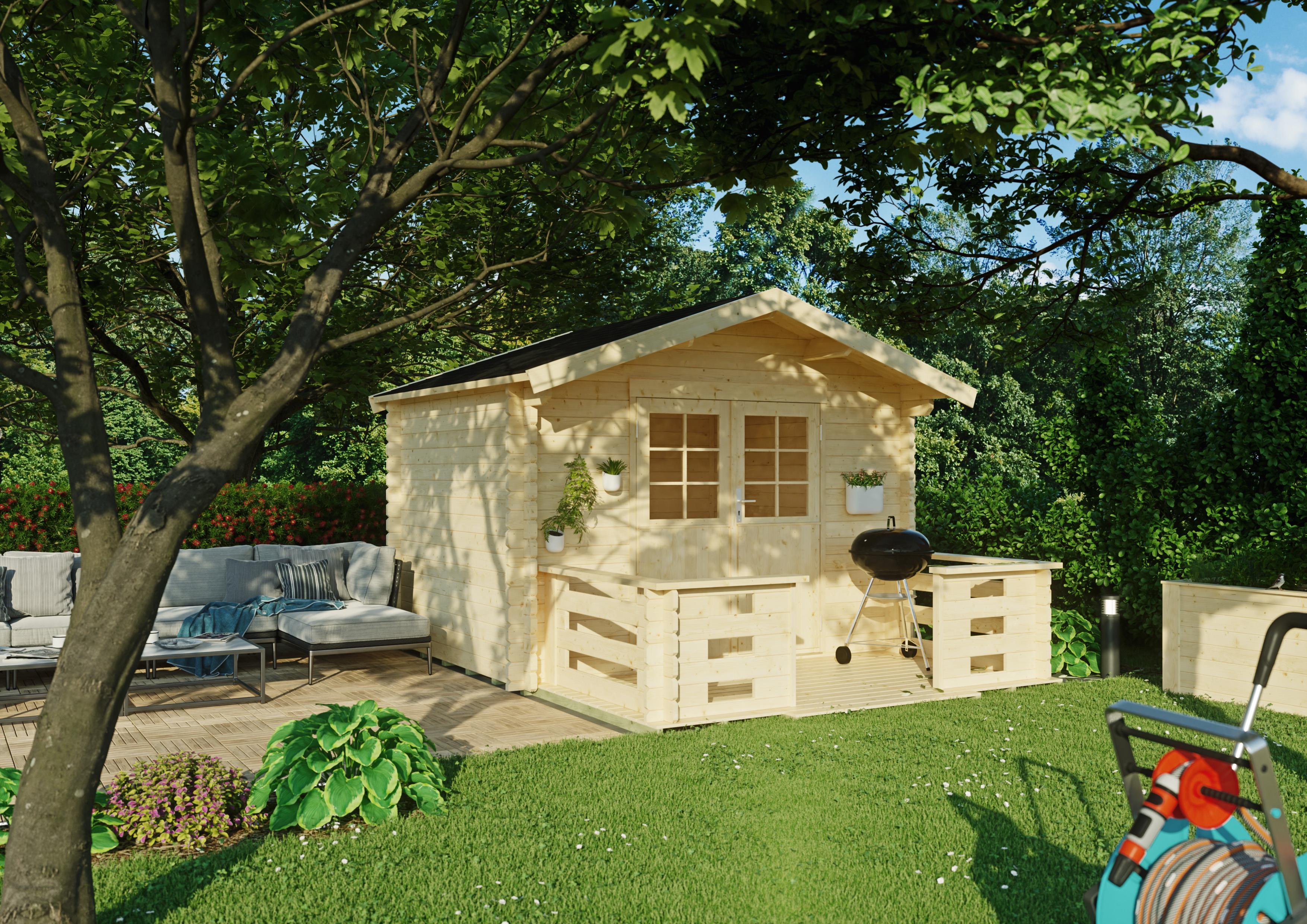 Gartenhaus Vernon II 3,00x2,30 m - inklusive Terrasse und hochwertigen Dachschindeln