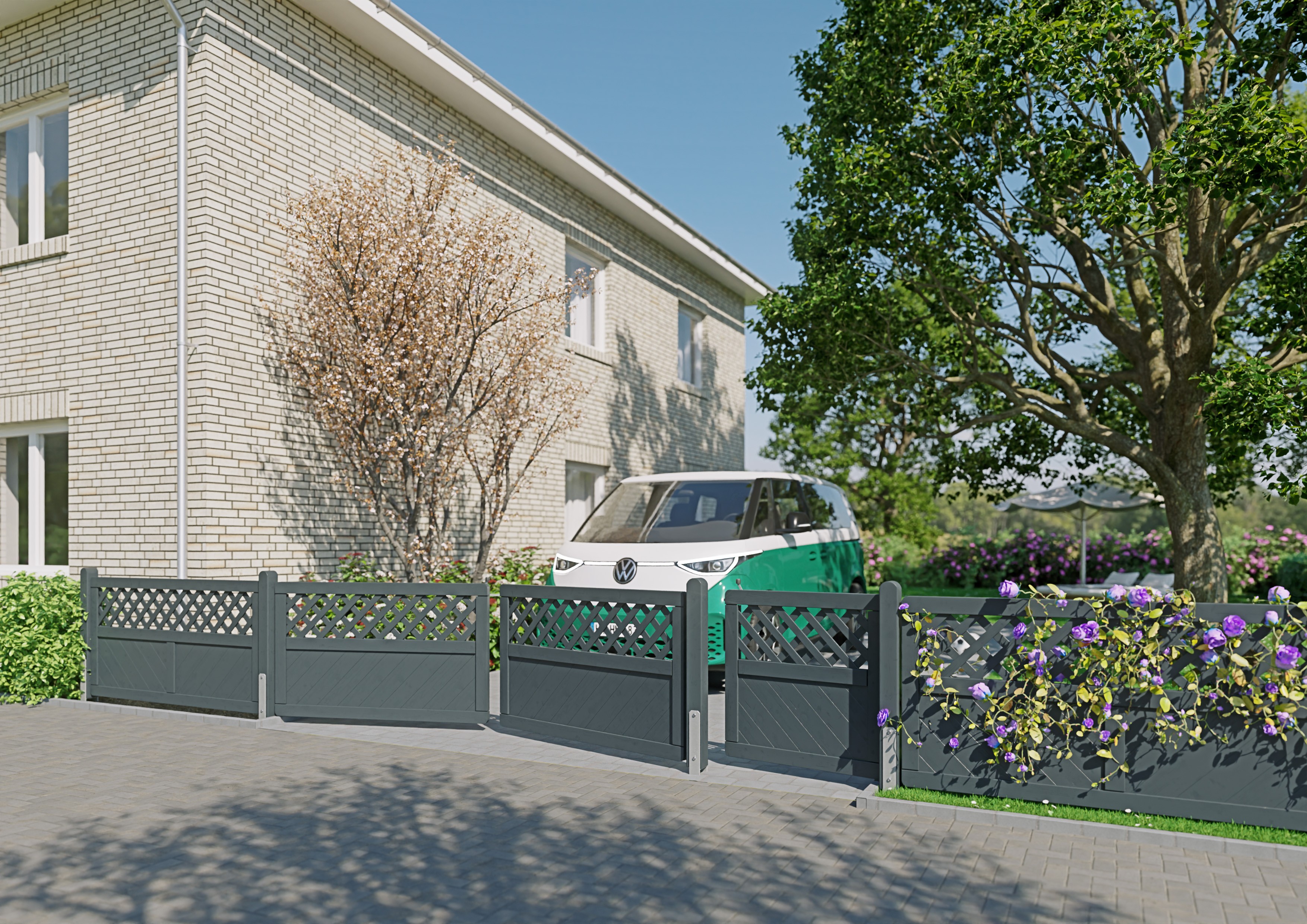 Massivzaun Doppeltor mit Rankgitter 300x90 cm Fichte anthrazit