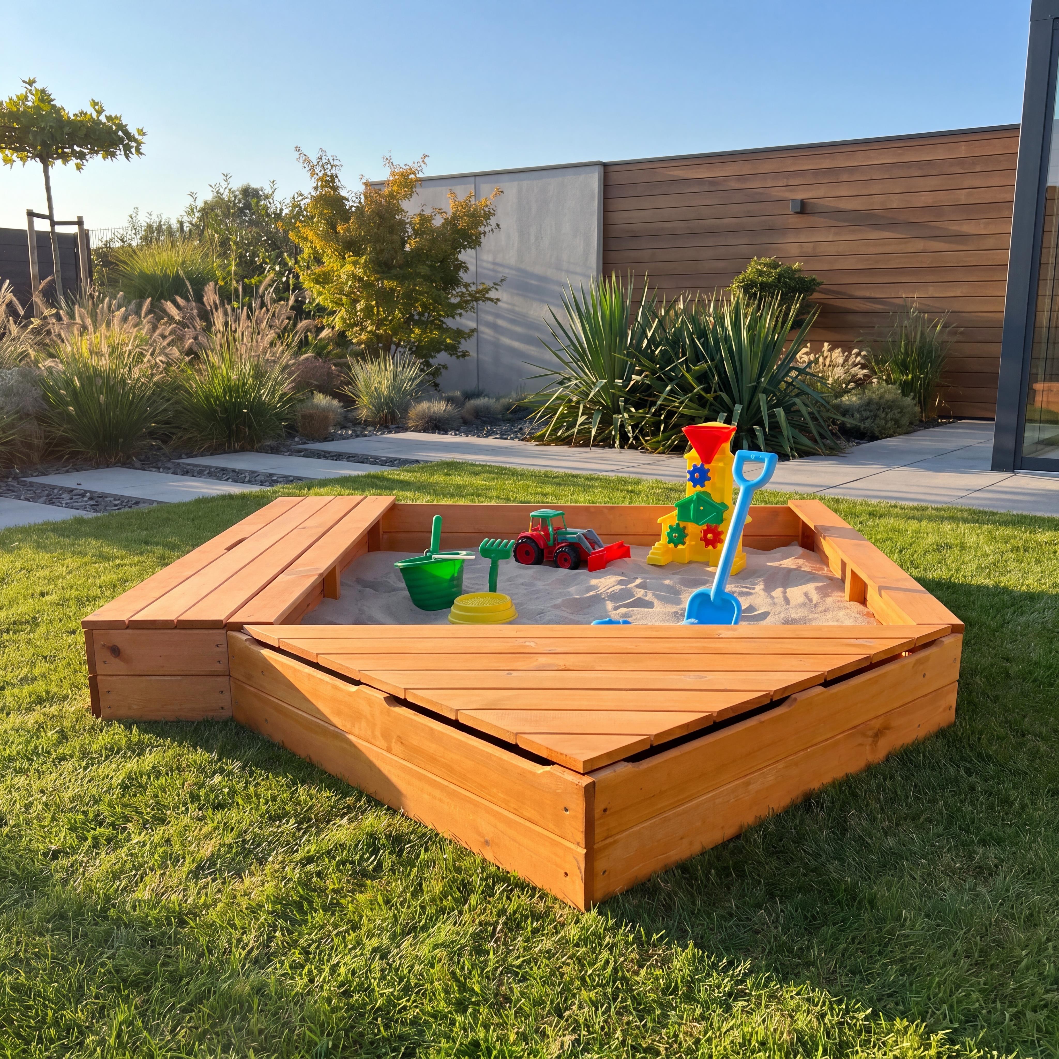 Sandkasten Multi 140x140x21 cm - inkl. Sitzbox + Bugbox Kiefer honigbraun