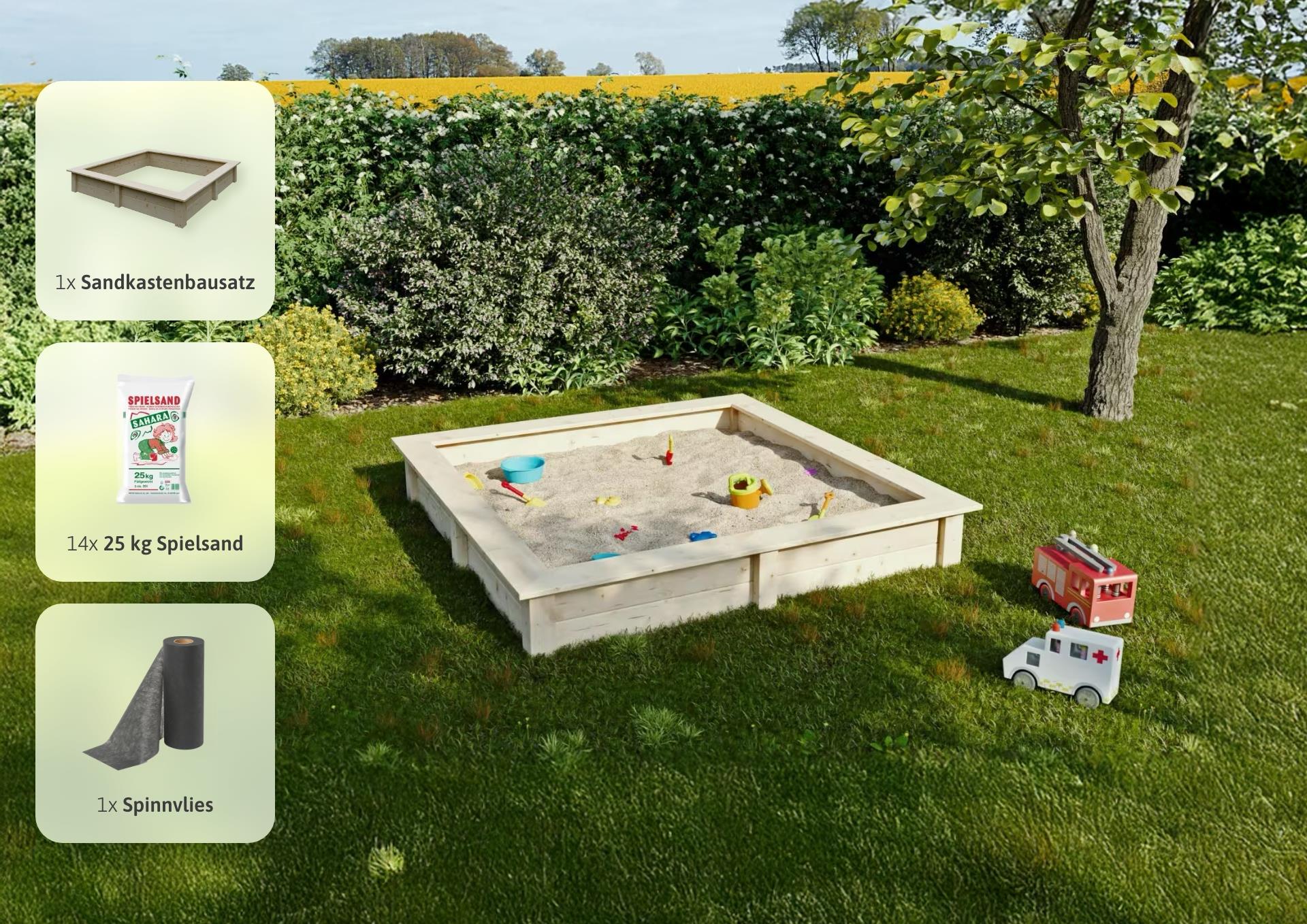 Sandkasten 4-eck 150x150 cm Fichte - inklusive 14 Säcke Spielsand und Vlies