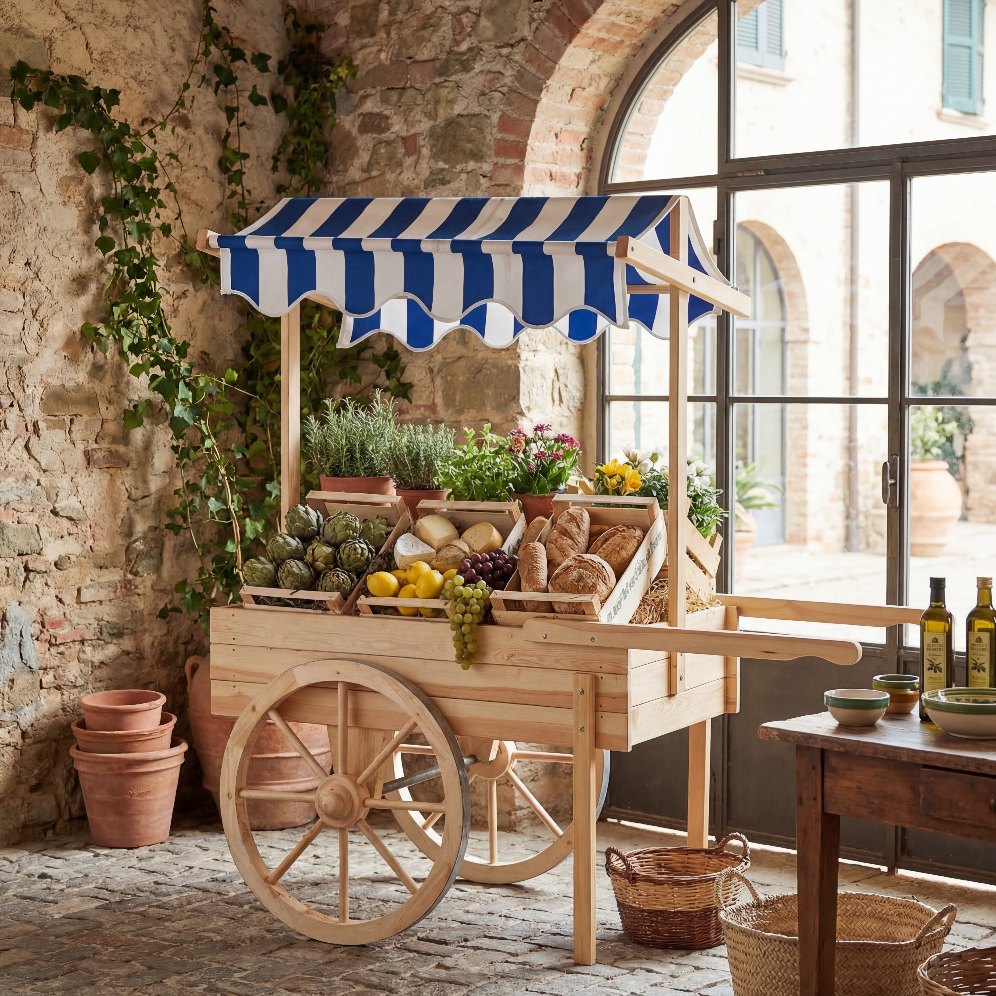 Marktwagen 173x82x80 cm - inkl. Baldachin weiß/blau Kiefer unbehandelt