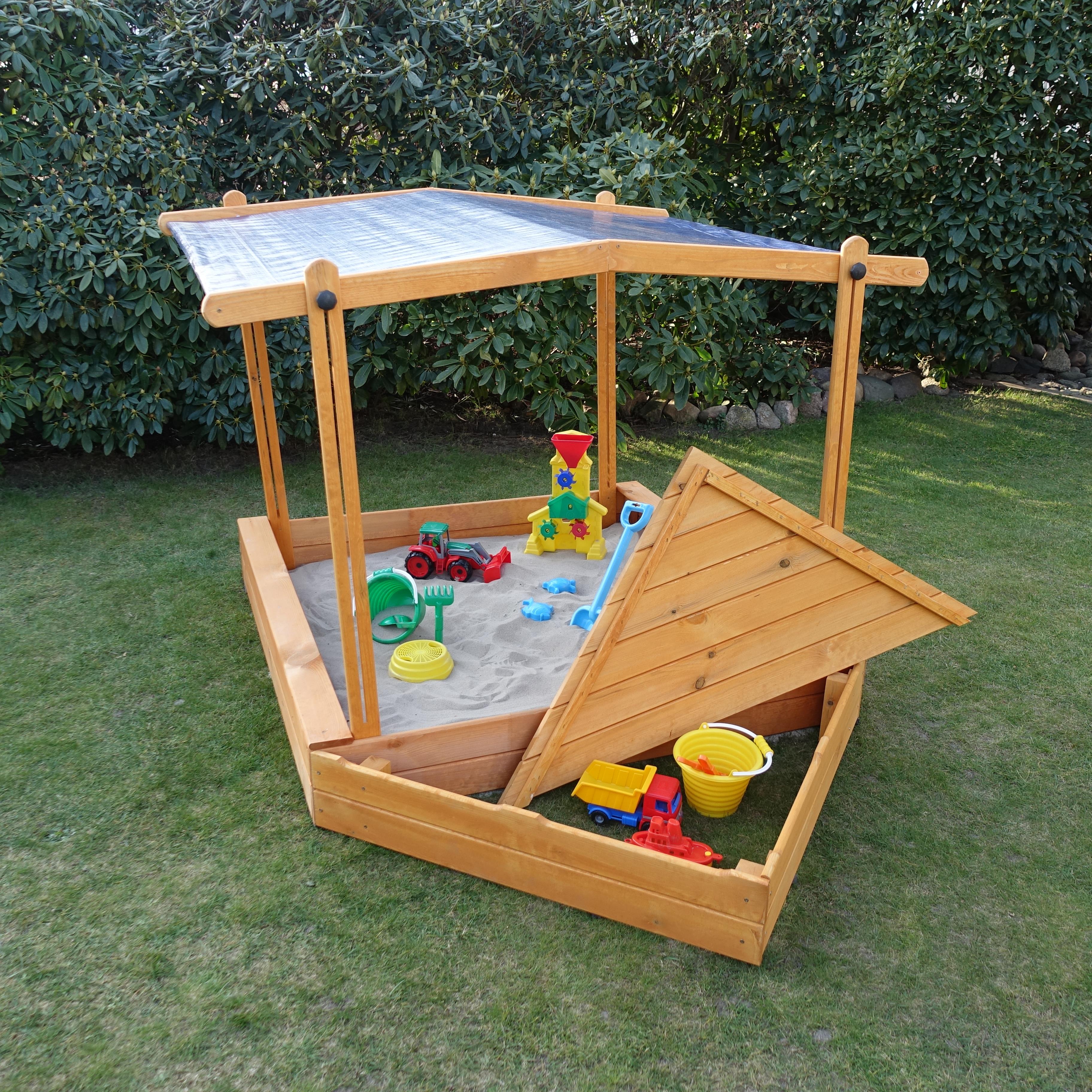 Sandkasten Multi 140x140x21 cm - inkl. Bugbox + Dach Kiefer honigbraun