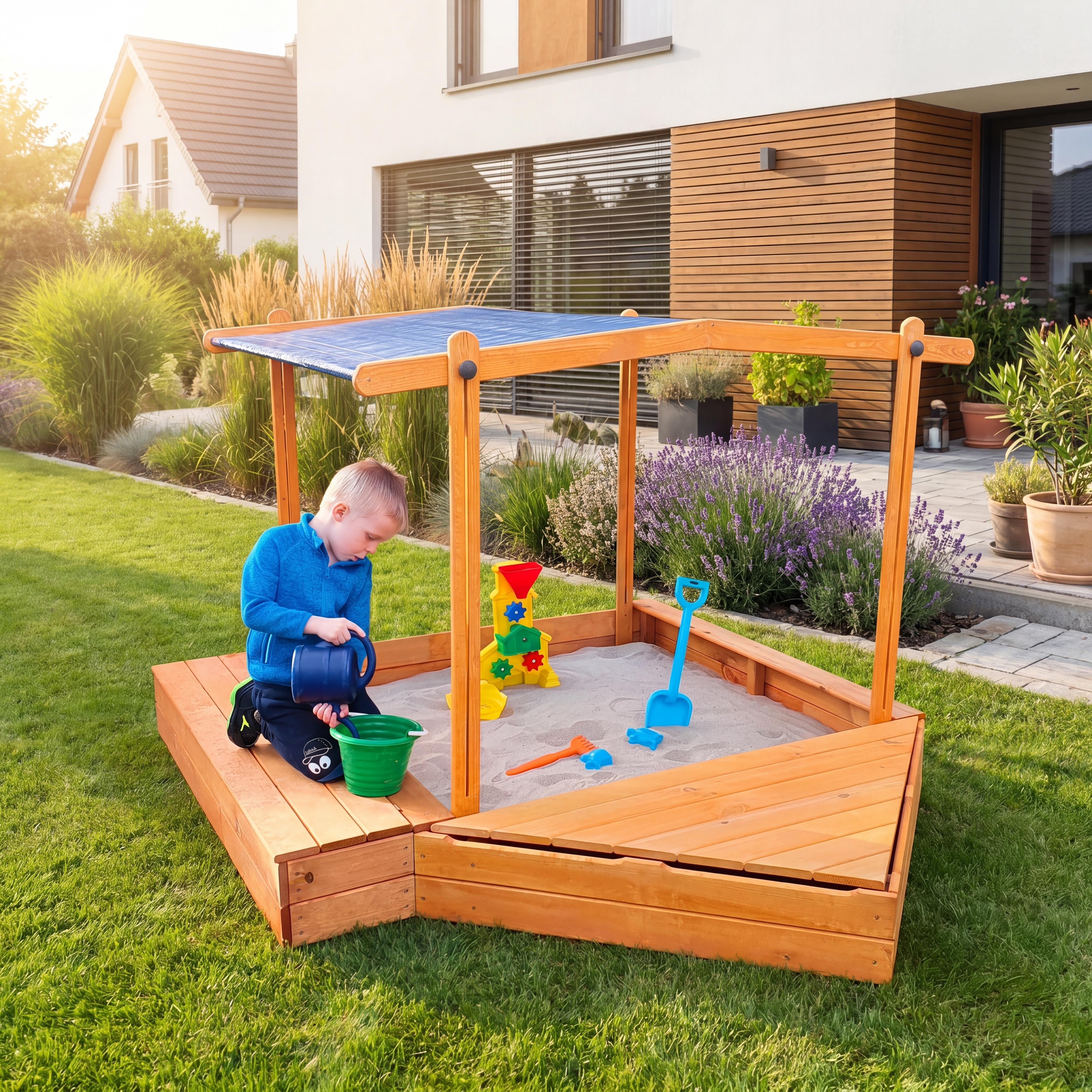 Sandkasten Multi 140x140x21 cm - inkl. Sitzbox + Bugbox + Dach Kiefer honigbraun