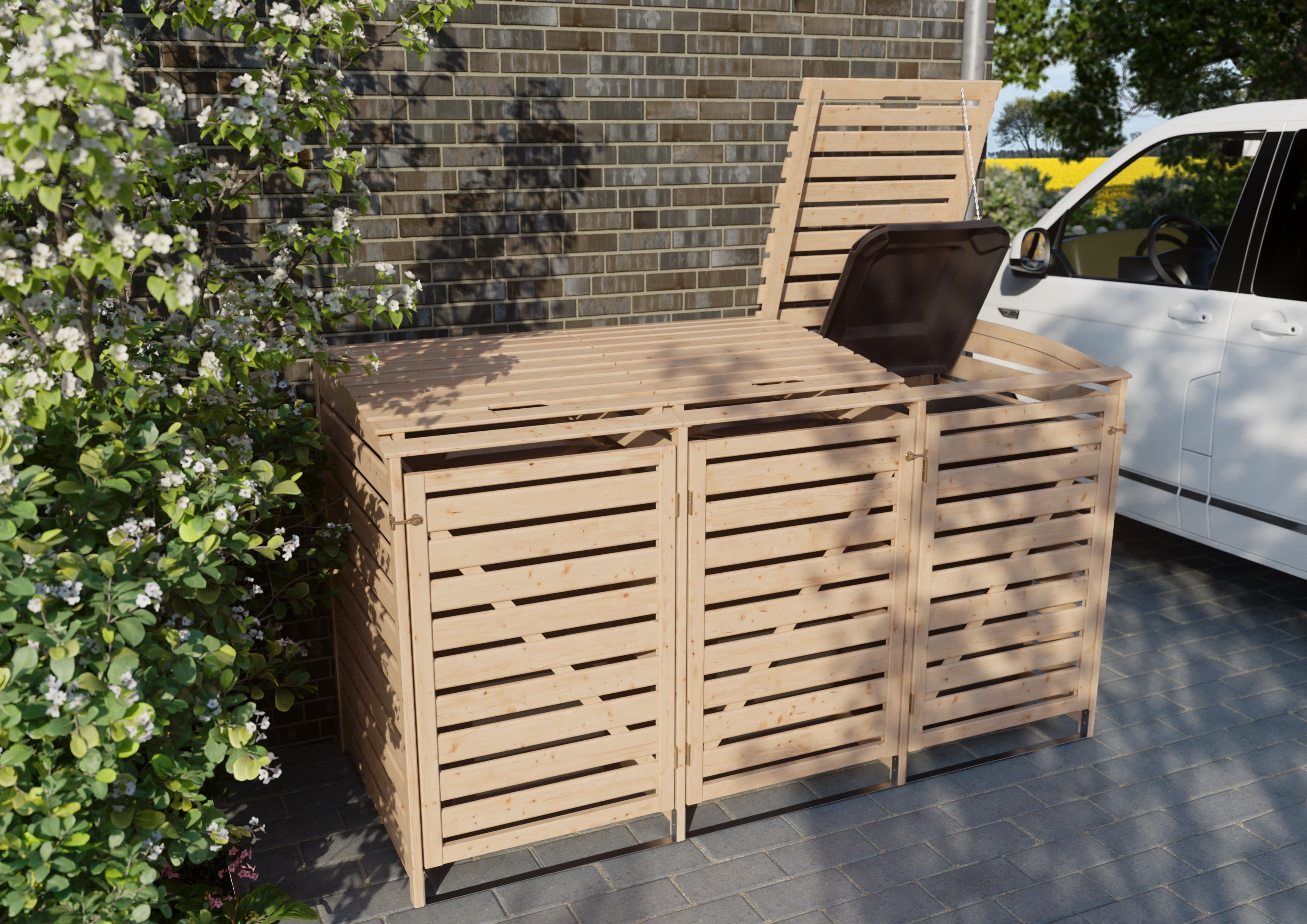 Mülltonnenbox Typ 1 - 3 Tonnen 92x219x122 cm Lärche unbehandelt