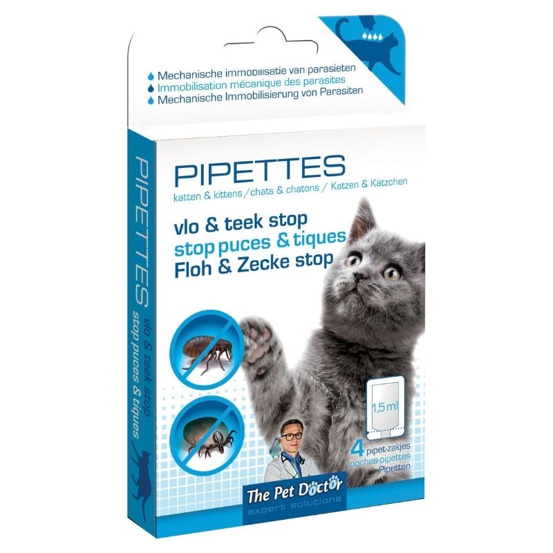 Een blauwe verpakking met daarop een afbeelding van een kat en een teek, met de tekst "The Pet Doctor Vlo & Teek Stop Pipetten Kat".