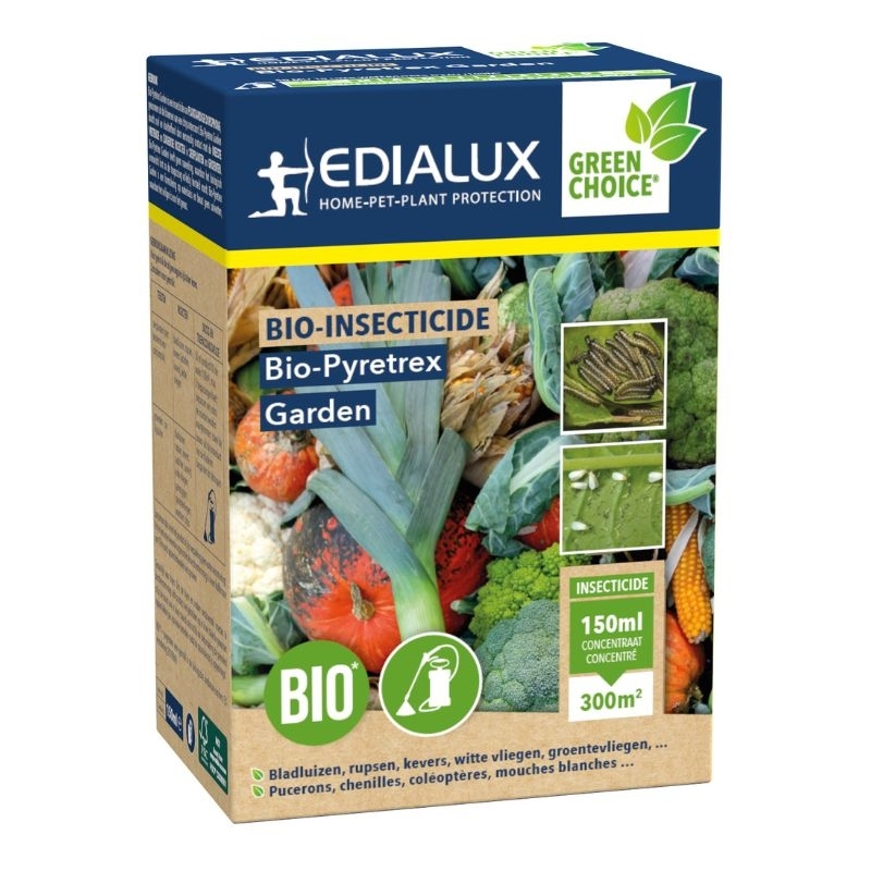 Blauwe doos met Edialux Bio-Pyretrex Garden, een biologisch insecticide voor de bestrijding van buxusmot (150ml).