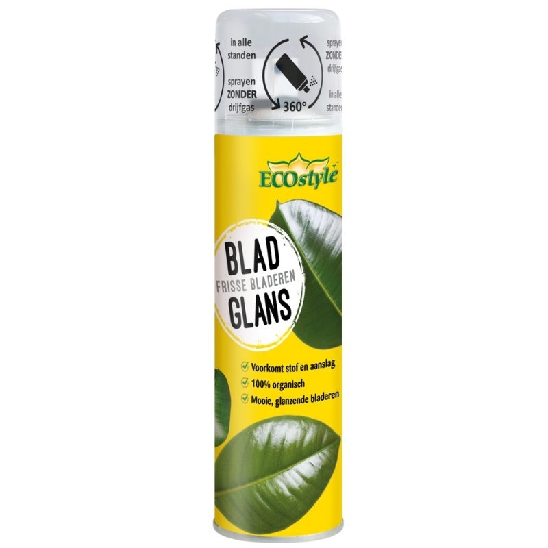 Ecostyle BladGlans Spray (200ml): Een spuitbus met Ecostyle BladGlans naast een glanzende kamerplant. De spray verwijdert stof en laat bladeren stralen.