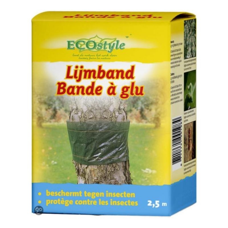 Groene doos met een afbeelding van een boom met een groene lijmband eromheen. Het product is de Ecostyle Lijmband (2,5m) voor het beschermen van fruitbomen tegen insecten.