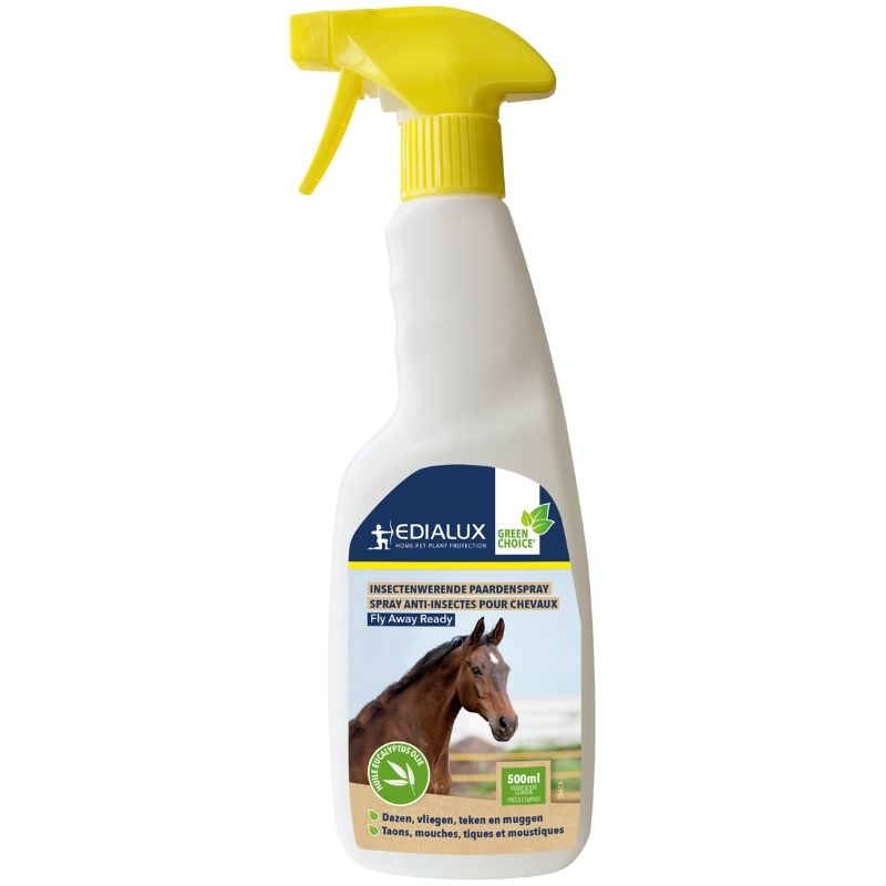 Bescherm je paard tegen bijtende insecten met Edialux Fly Away Ready Spray. Deze natuurlijke spray bevat eucalyptusolie en laat geen sporen achter op de vacht.