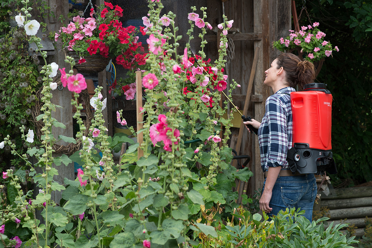 Een persoon met een rode Birchmeier REA 15 AC1 elektrische rugspuit behandelt planten in een tuin.