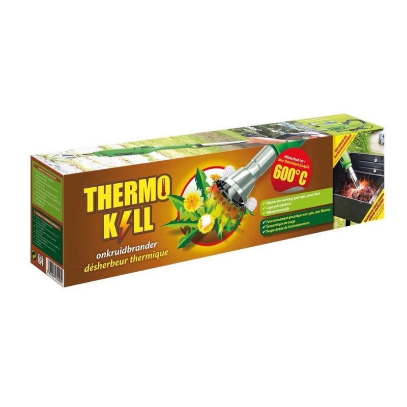 Thermo Kill elektrische onkruidbrander (2000W) in actie, gericht op een paardenbloem.