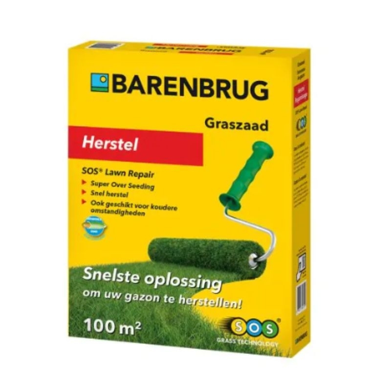 Gele doos met Barenbrug Herstel Rapide graszaad voor 100m2, met afbeelding van een groene grasroller.