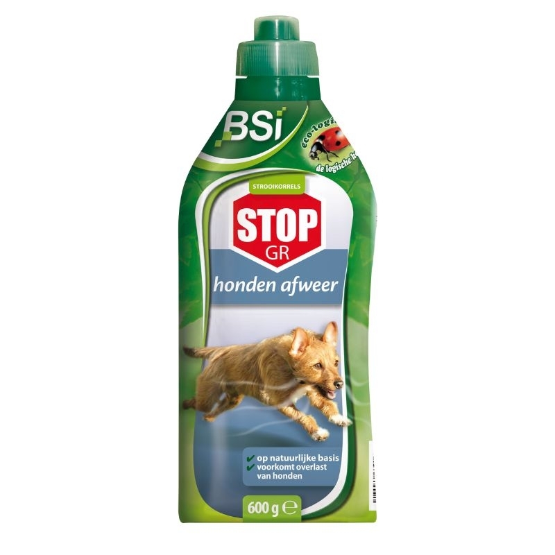 Een groene fles BSI Stop GR Hond met een afbeelding van een hond die wegrent. De tekst benadrukt dat het product een natuurlijke hondenafweer is.