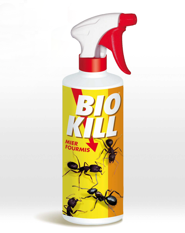 Witte spuitfles met BSI Bio Kill mierenspray (500ml) voor het bestrijden van mieren in huis.