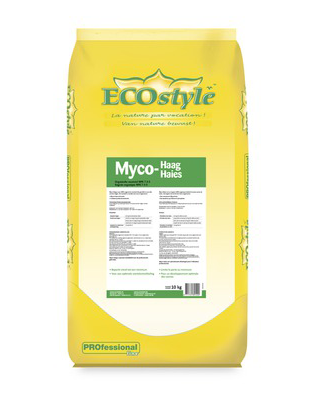 Groene zak Ecostyle Myco-haag meststof van 10 kg, met de tekst "Myco-haag" en het Ecostyle logo.