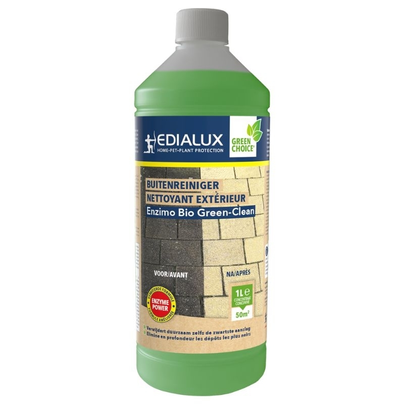 Edialux Enzimo Bio Green-Clean (1L): Een groene fles biologische reiniger voor het verwijderen van zwarte aanslag op terrassen en opritten.