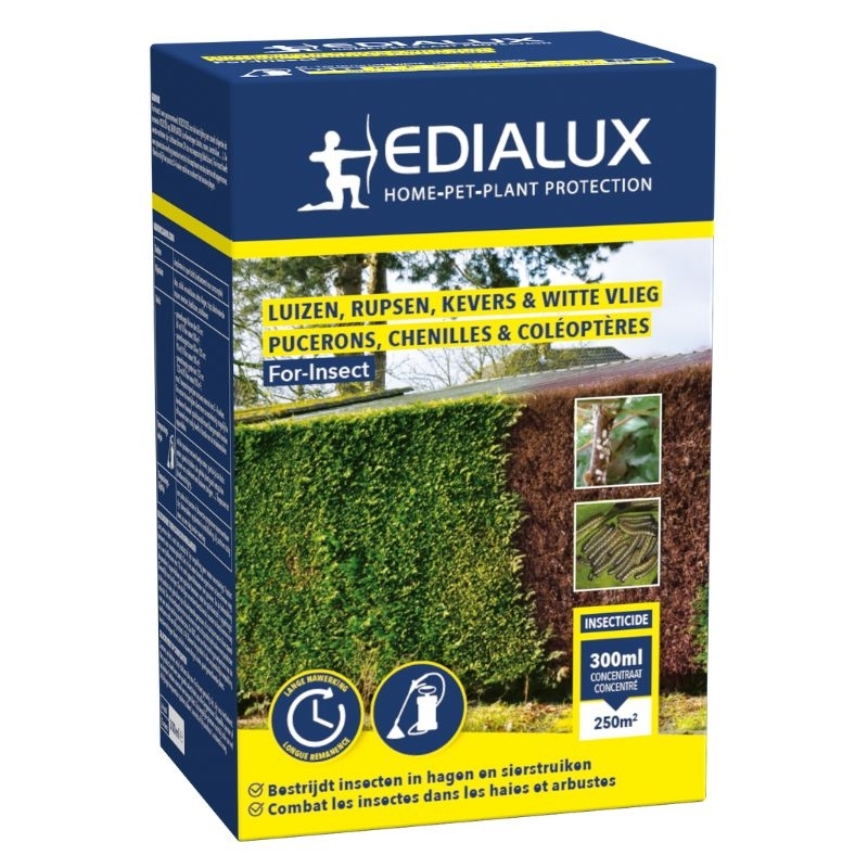 Blauwe doos met Edialux For-Insect insecticide (300ml), effectief tegen diverse insecten op sierplanten en hagen.