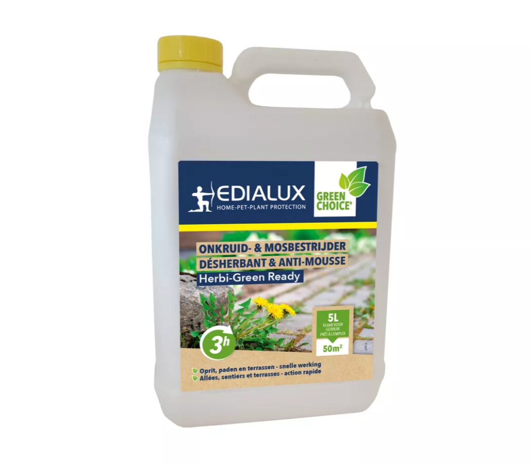 Edialux Herbi-Green Ready (5L): Klaar-voor-gebruik onkruid- en mosbestrijder voor paden, terrassen en opritten. Snelle werking binnen 3 uur.