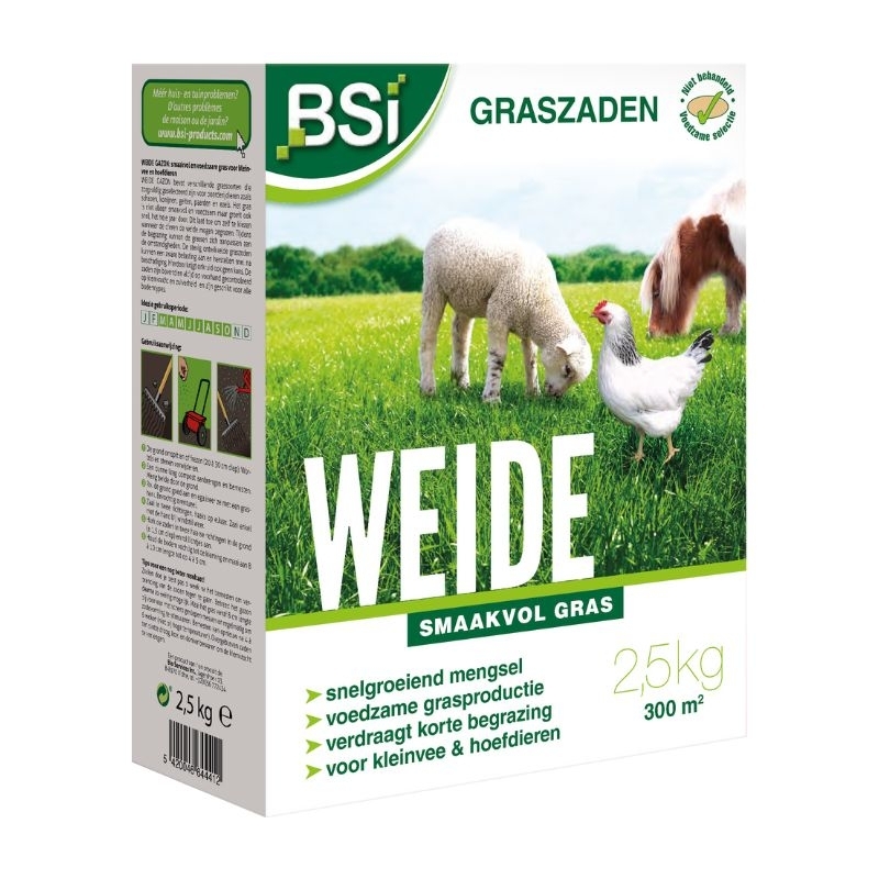 Een groene verpakking van BSI Weide graszaad met afbeeldingen van een schaap, een kip en een pony op een weiland.