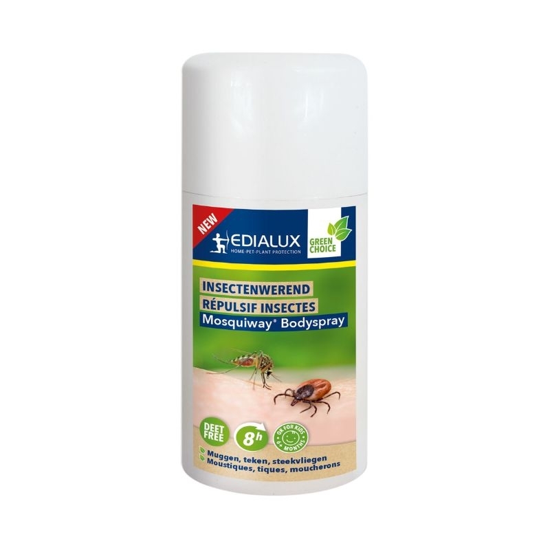 Edialux Mosquiway Bodyspray (75ml): DEET-vrije insectenwerende spray op basis van Citriodiol®, beschermt tot 8 uur tegen muggen, teken en knutten.