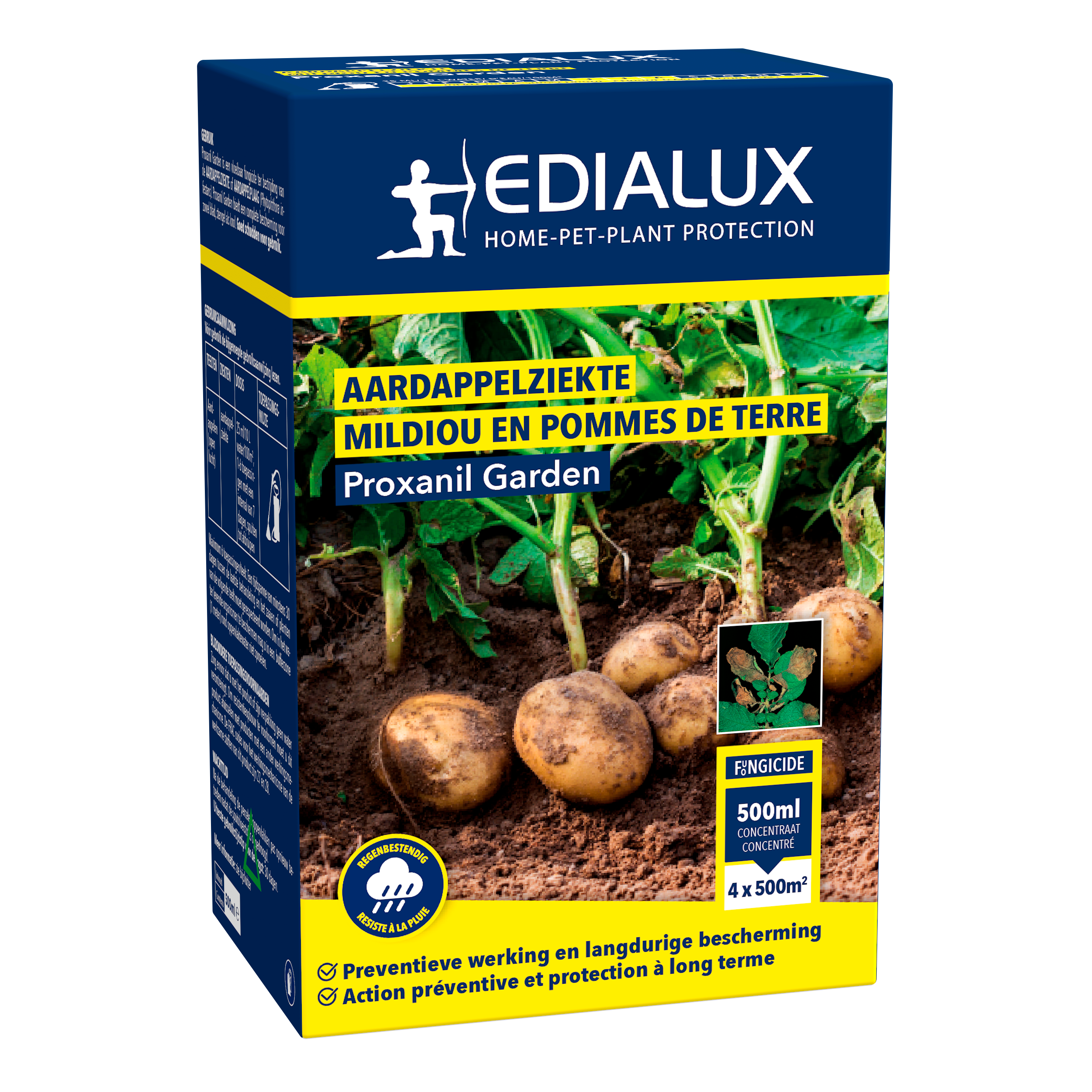 Bestrijd aardappelziekte (Phytophthora infestans) in uw moestuin met Edialux Proxanil Garden, een krachtig fungicide met preventieve werking