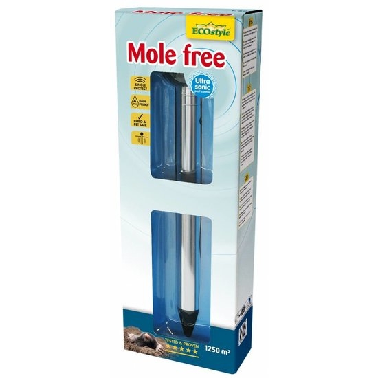 De verpakking van de Ecostyle Mole Free, een ultrasone mollenverjager, met afbeelding van het apparaat en een mol.