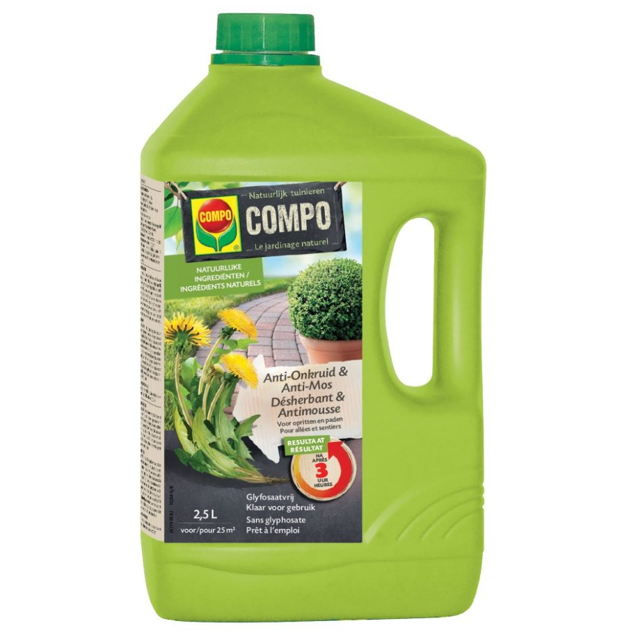 COMPO Anti-Onkruid & Anti-Mos 2,5L: Bestrijdt onkruid en mos op paden, terrassen en opritten met natuurlijke ingrediënten.