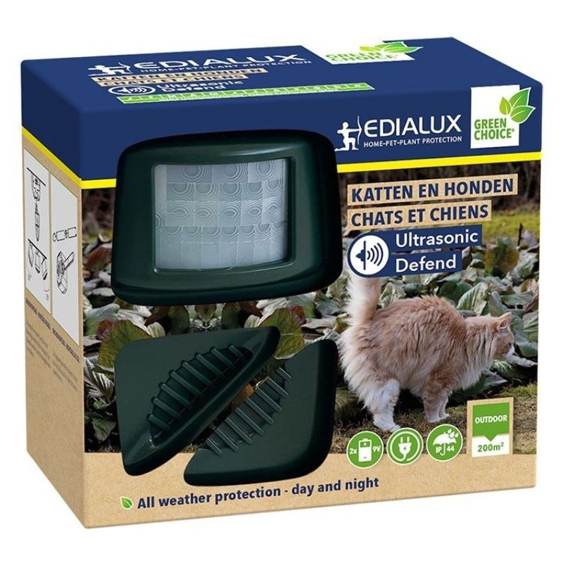 Edialux Ultrasonic Defend Katten en Honden: Een groen, rechthoekig apparaat met een bewegingsdetector, ontworpen om katten en honden uit de tuin te verjagen met ultrasone geluiden.