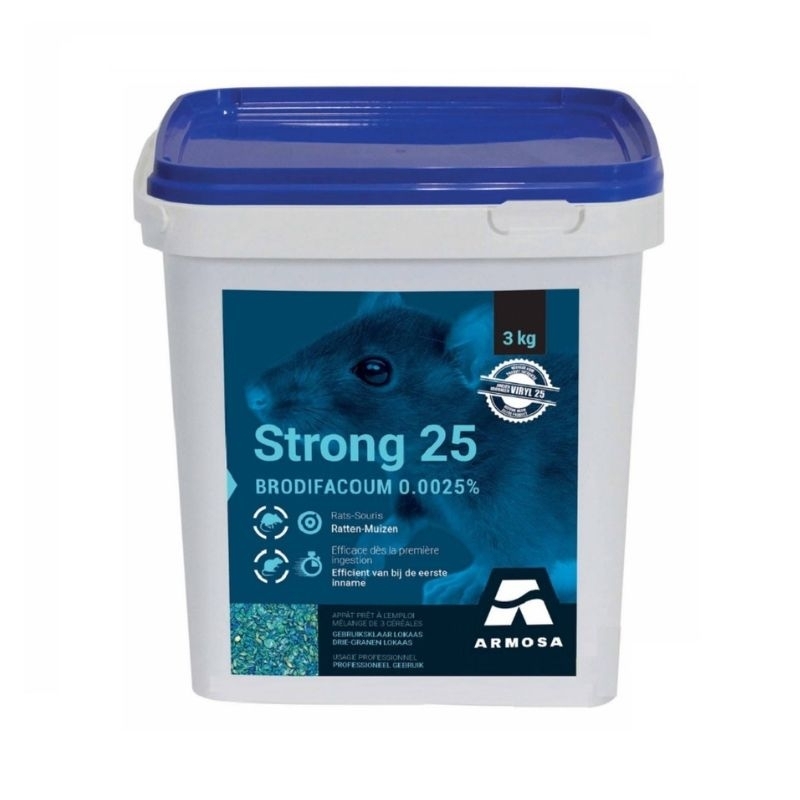 Witte emmer met blauwe deksel, met daarop het label "Viryl Strong 25" en een afbeelding van een rat. Het product is een ratten- en muizengif in graanvorm, 3kg.