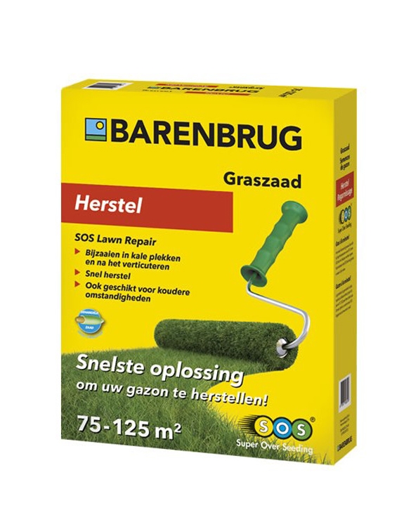 Gele verpakking van Barenbrug Herstel Rapide graszaad met een afbeelding van een groene grasrol en een handstrooier.