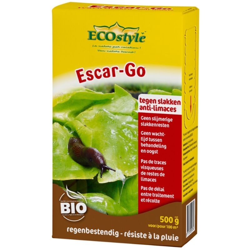 Gele verpakking van Ecostyle Escar-Go biologische slakkenkorrels (500g) voor het bestrijden van slakken in de tuin.