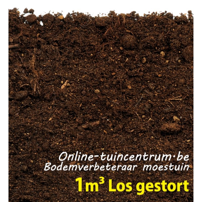 Een hoop donkerbruine bodemverbeteraar, los gestort, geschikt voor 1m³ in de moestuin.