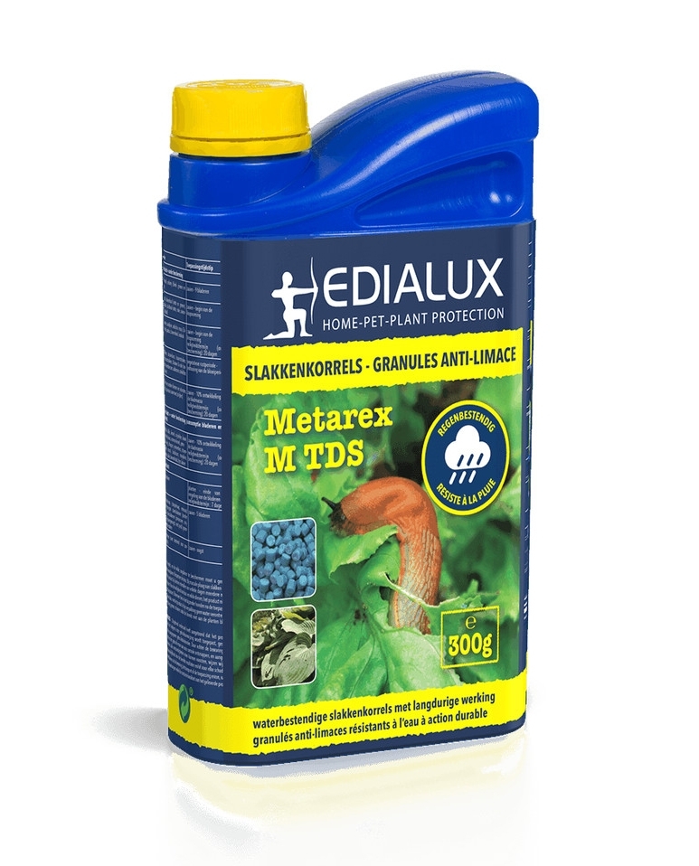 Blauwe bus Edialux Metarex M TDS slakkenkorrels met een afbeelding van een slak op bladeren. De tekst benadrukt de langdurige werking en regenbestendigheid van de korrels.