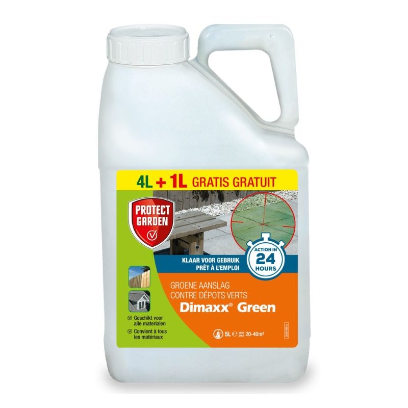 Witte plastic fles van 5 liter Dimaxx Green, een gebruiksklare reiniger voor het verwijderen van groene aanslag op terrassen en andere oppervlakken.