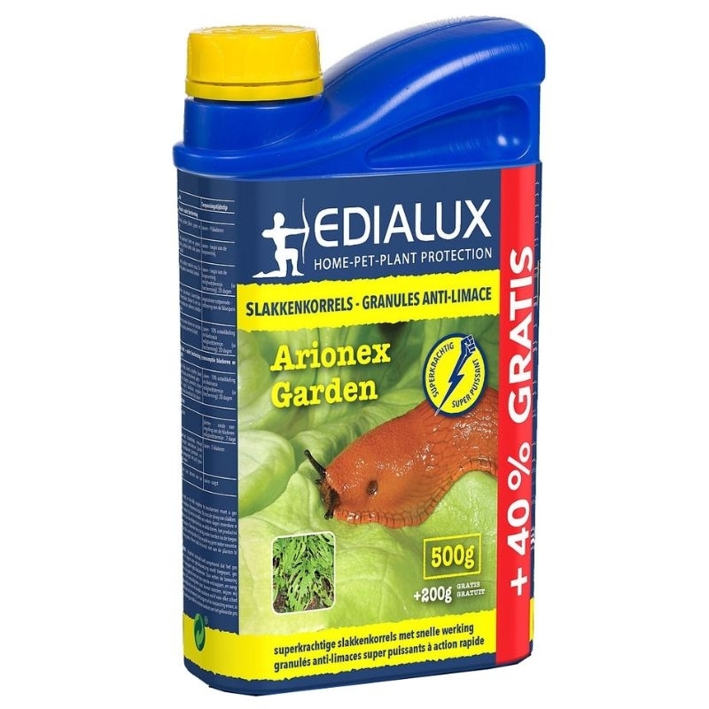 Een blauwe fles Edialux Arionex Garden slakkenkorrels met een gele dop, met daarop de tekst "500g + 40% GRATIS" en een afbeelding van een slak op een blad sla.