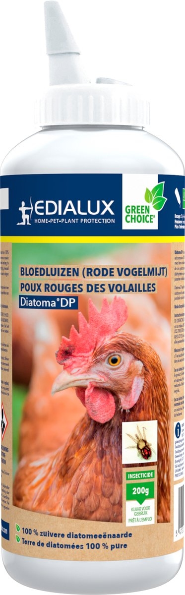 Diatomeeënaarde poeder (200g) van Edialux - Effectief tegen bloedluizen en rode vogelmijt, veilig voor gebruik rondom kippen.