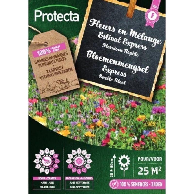 Protecta Bloemenmengsel Express (25m²): Een kleurrijke mix van meer dan 30 éénjarige bloemensoorten met snelle bloei, ideaal voor een zomerse bloementuin.