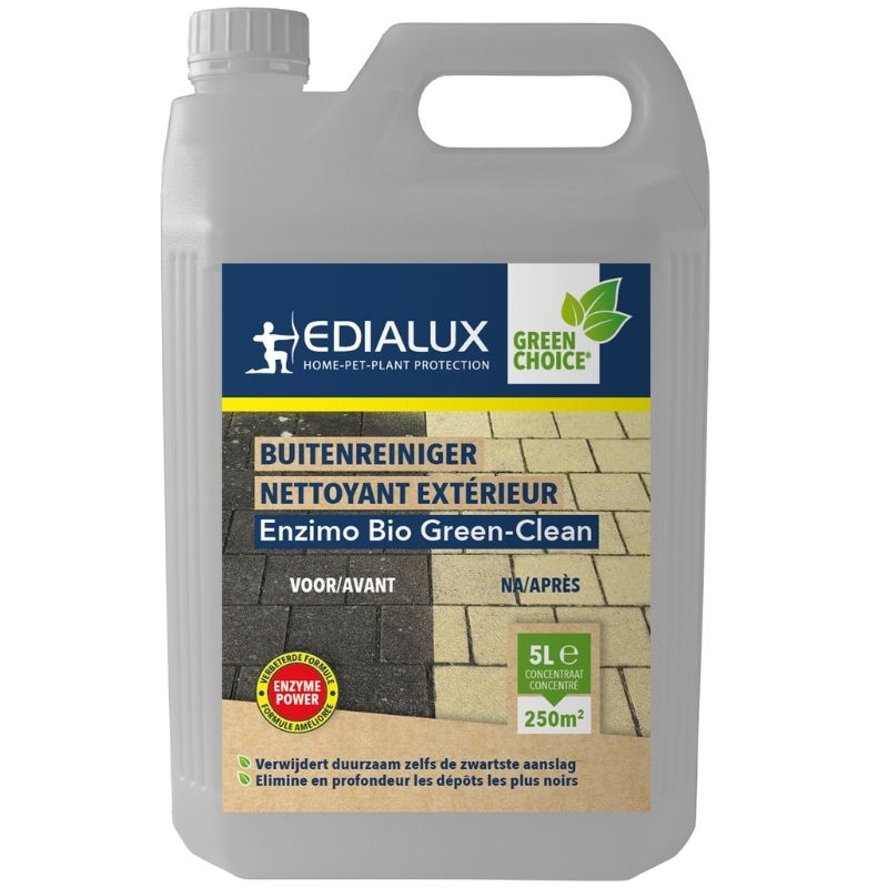 Edialux Enzimo Bio Green-Clean (5L): Een witte fles biologische reiniger voor het verwijderen van zwarte aanslag en groene aanslag op terrassen, opritten en andere buitenoppervlakken.