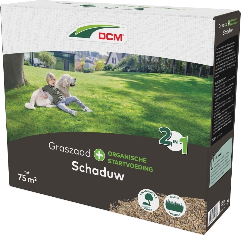 Groene doos DCM Ombra Plus graszaad voor schaduwgazon, 75m², met afbeelding van een groen gazon in de schaduw.