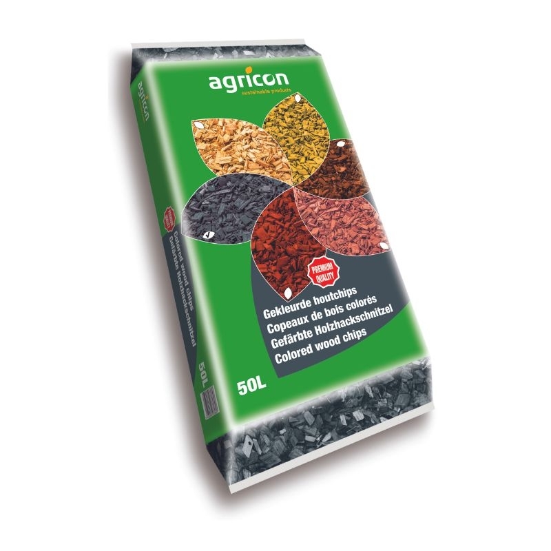 Een pallet met 39 zakken Agricon Color Chips, donkergrijze houtchips voor bodembedekking.