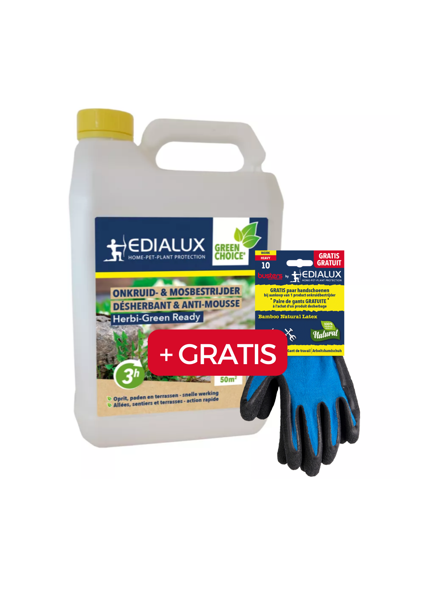 Edialux Herbi-Green Ready: Klaar-voor-gebruik onkruid- en mosbestrijder met gratis werkhandschoenen. Snel en effectief tegen onkruid en mos op paden, terrassen en opritten