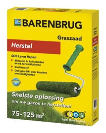 Gele verpakking van Barenbrug Herstel Rapide graszaad met een afbeelding van een groene grasrol en een handstrooier.