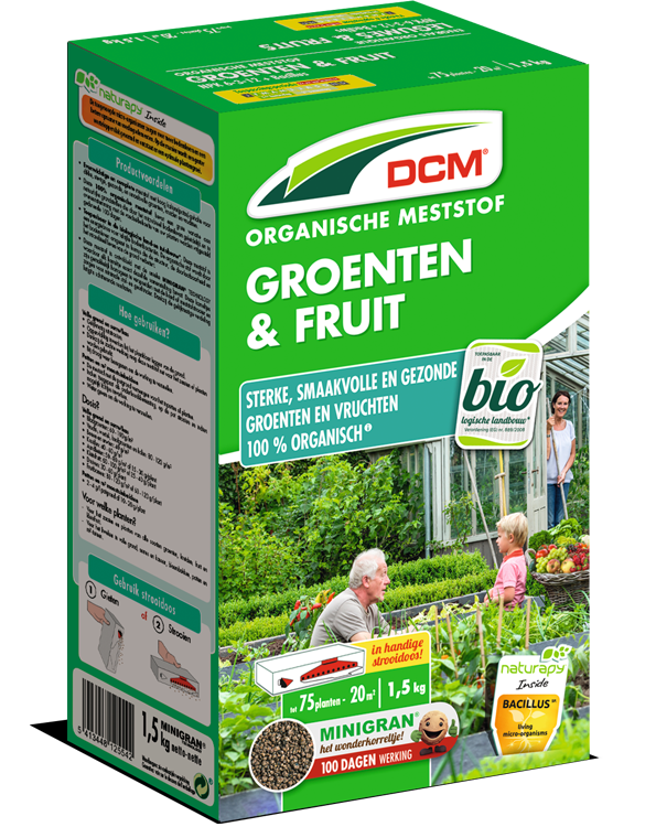 Groene verpakking van DCM Organische Meststof voor Groenten en Fruit, met een afbeelding van een moestuin en een gezin.