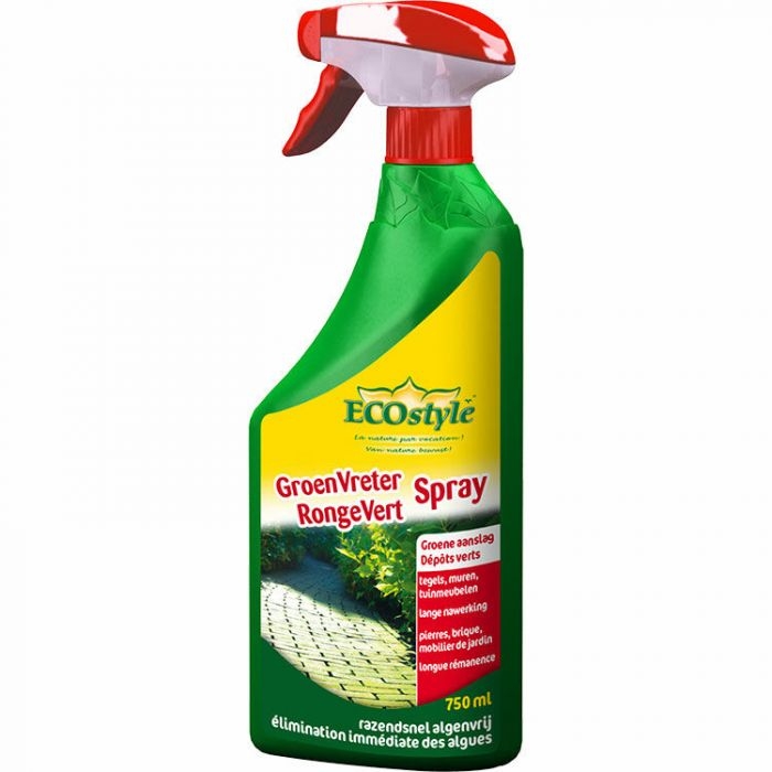 Verwijder groene aanslag snel en effectief met Ecostyle Groenvreter Spray, een biologisch afbreekbaar product.