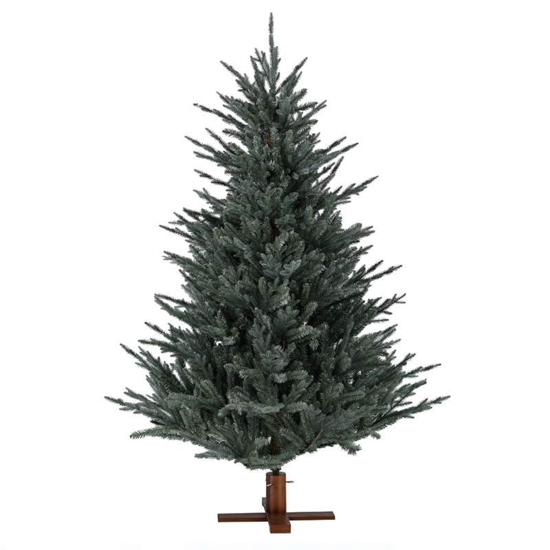 Donkergroene kerstboom met houten voet Frosty Blue 213 cm