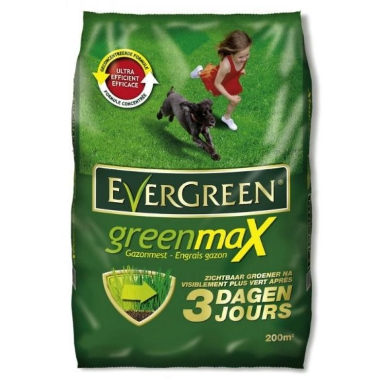 Groene doos Evergreen GreenMax gazonmest, geschikt voor 200m², met afbeelding van een groen gazon.