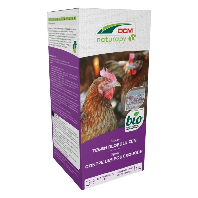 1 liter DCM Diaterrants® RTU spray voor de biologische bestrijding van bloedluizen in het kippenhok