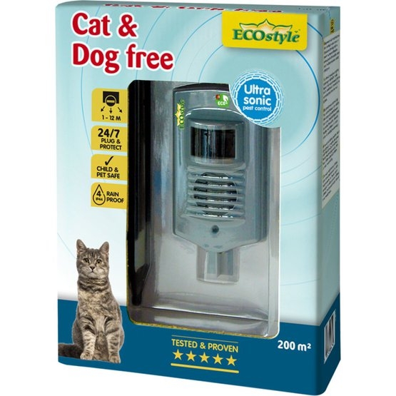 De verpakking van de Ecostyle Cat & Dog Free, een ultrasone dierenverjager, met afbeelding van het apparaat en een kat.